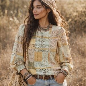 Pleione women's patchwork  appearance boho pullover blouse prairie cottage Small